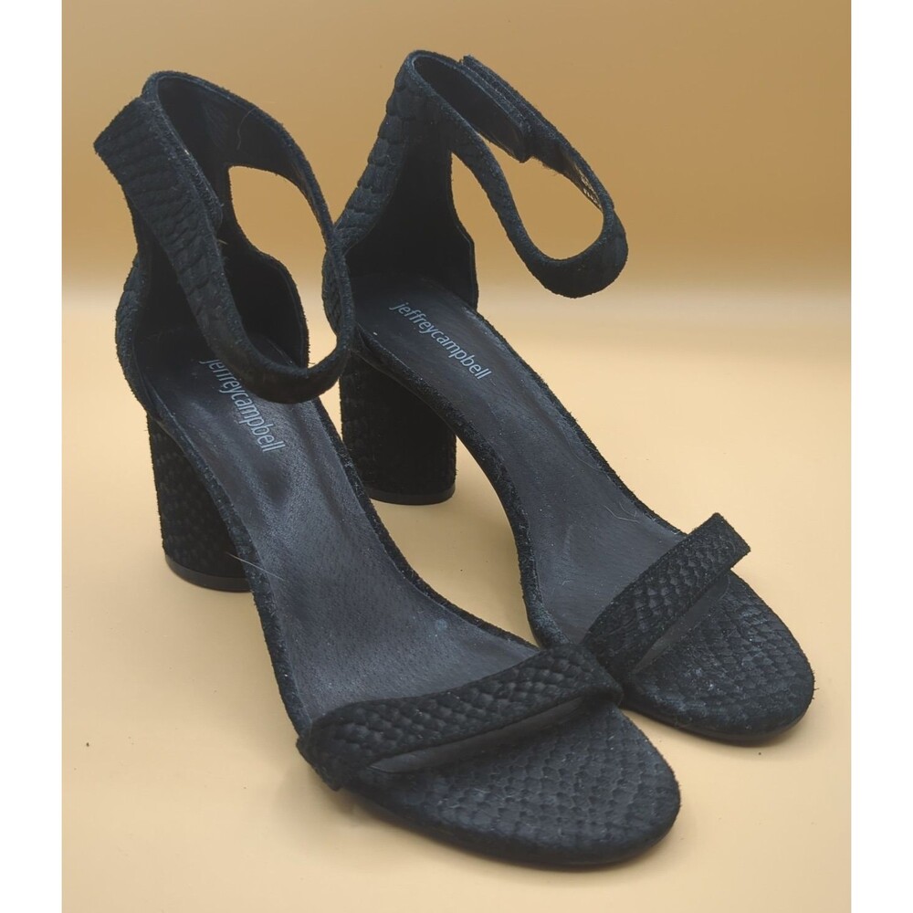 Jeffrey Campbell Laura Ankle Strap Heeled Sandals Black Suede Embossed Sz 8.5